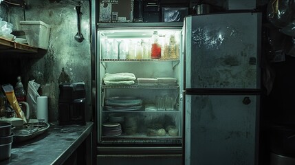 Old Refrigerator in a Messy Kitchen