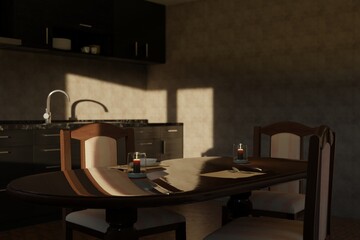 Cozy modern kitchen with a wooden table, two candles, and soft evening light casting shadows on the wall