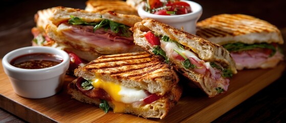 Delicious panini sandwiches stacked on a wooden board with fresh ingredients and dipping sauce gourmet food photography captures the essence of culinary delight