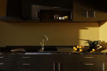 Fresh oranges on the kitchen countertop early in the morning in the warm rays of the sun.