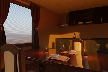 Glasses, candles on a wooden table in a cozy kitchen, filled with warm evening light