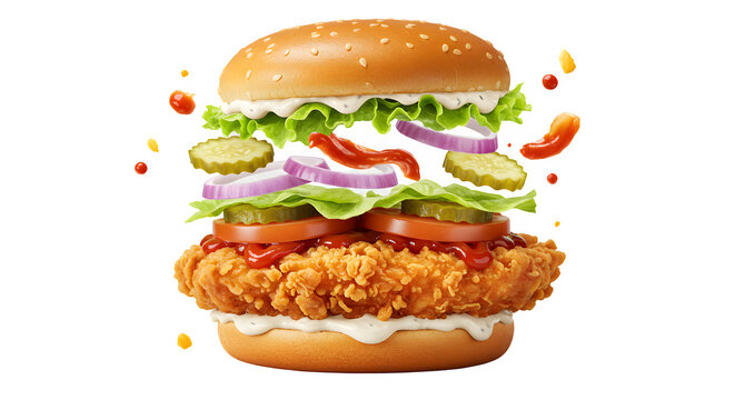 Crispy Chicken Burger isolated on transparent background, Tasty Fast Food Zinger burger PNG image, Crispy Chicken Burger with Fresh Ingredients and Sauce Splash