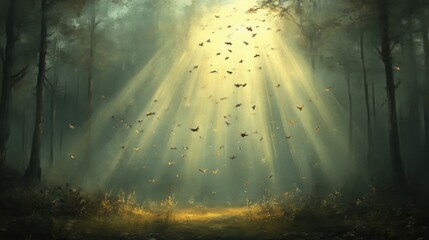 Sunlight streams through a mystical autumn forest, illuminating fluttering leaves