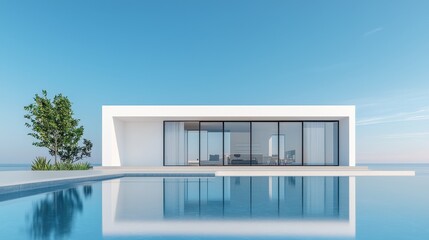 Modern minimalist villa with swimming pool and clear blue sky