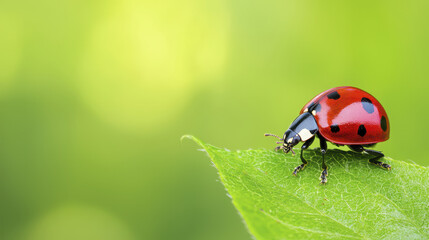 Fototapeta premium vibrant ladybug perched on green leaf, showcasing its striking red color and black spots against soft, blurred background