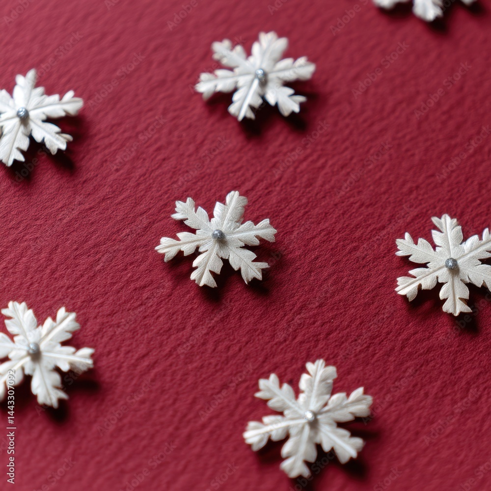 Poster elegant winter holiday background with delicate white snowflakes on a textured red surface creating 
