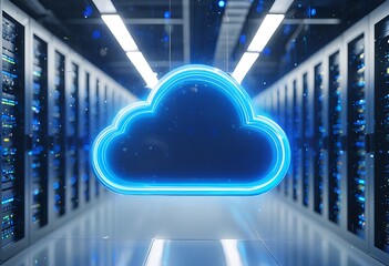 a glowing blue cloud icon hovers in the center of a server room filled with rows of illuminated server racks.