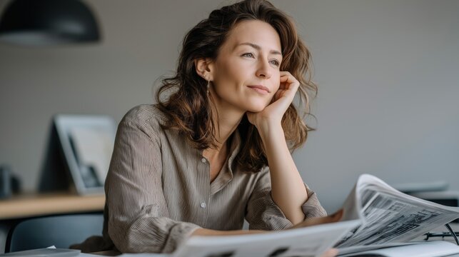 In a serene office space, a thoughtful woman sits at her desk, lost in the pages of a newspaper. Natural light fills the room, enhancing her contemplative expression as she absorbs the news