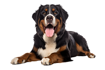 Bernese mountain dog lying down isolated on transparent background