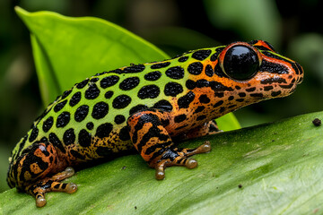 Obraz premium Vibrant green and orange frog with black spots perched on a lush green leaf in a rainforest. Close-up, detailed macro photography.