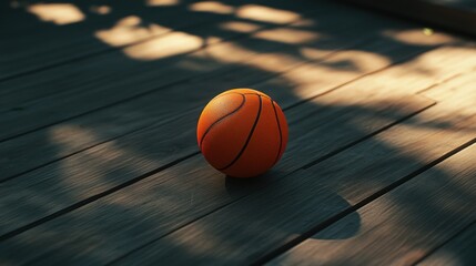 An orange basketball resting on a wooden floor with soft shadows creating a warm atmosphere.