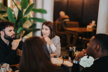 A diverse group of professionals collaborate on a project during an engaging brainstorming session.