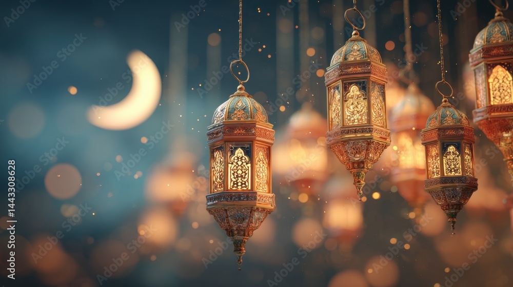 Poster elegant lanterns illuminate a serene night sky with a crescent moon casting a soft glow creating a m