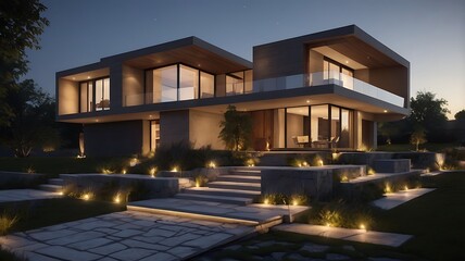Modern house with illuminated steps and landscape at dusk showing architectural design features