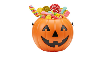 Fototapeta premium trick or treat bucket isolated on transparent background, halloween treat bucket isolated on transparent background, scray pumpkin bucket isolated on transparent background 