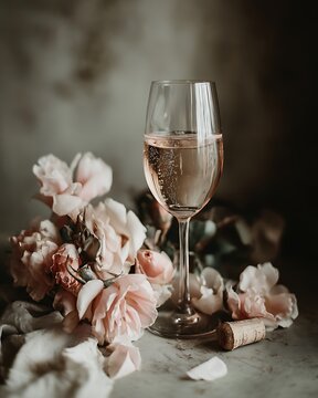 Delicate pink roses complement a wineglass of chilled liquid on a textured surface with rustic background