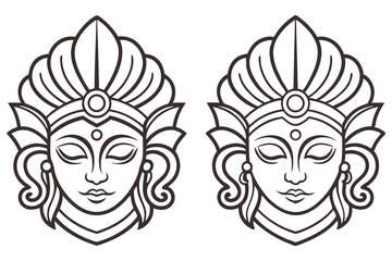 Two linear stylized Indian deity faces show elaborate headdress and peaceful closed eyes