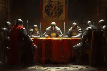 Legendary King Arthur leads the knights of the round table in a council of unity