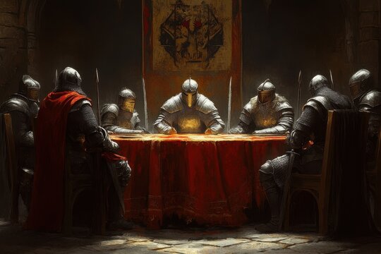 Legendary King Arthur leads the knights of the round table in a council of unity