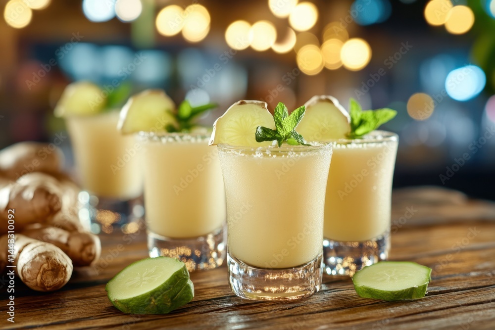 Poster refreshing ginger shot presentation with cucumber and mint garnish on rustic wooden table with bokeh