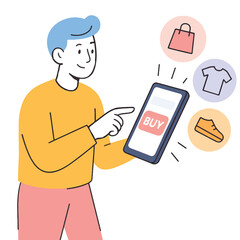 Flat cartoon man buying with smartphone, items flying out, in minimal pastel e-commerce illustration. Vector isolated design on white background.