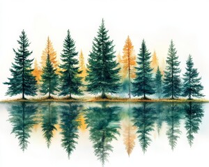 Fototapeta premium Serene Reflection of Evergreen Trees by Lake Nature Landscape Art Peaceful Artistic View