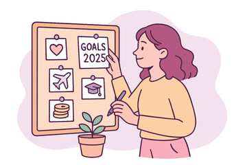 Flat cartoon woman creating a vision board with heart, travel, graduation, money icons. She pins GOALS 2025 note. Minimal pastel illustration of goal setting and motivation. Vector isolated on white.