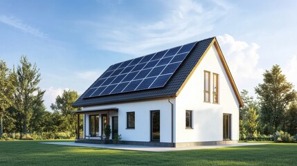 Modern House with Solar Panels Surrounded by Green Nature