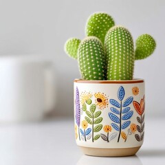 Vibrant Floral Cactus Pot Close Up of a Green Cactus in a Colorful Ceramic Container
