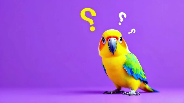 A colorful parrot standing on a purple background with question marks