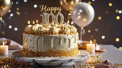 Elegant birthday cake with gold candles and decorations celebrating 100th milestone - Powered by Adobe