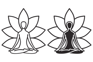 Lotus yoga poses show minimalist outline figures in black and white doing meditation