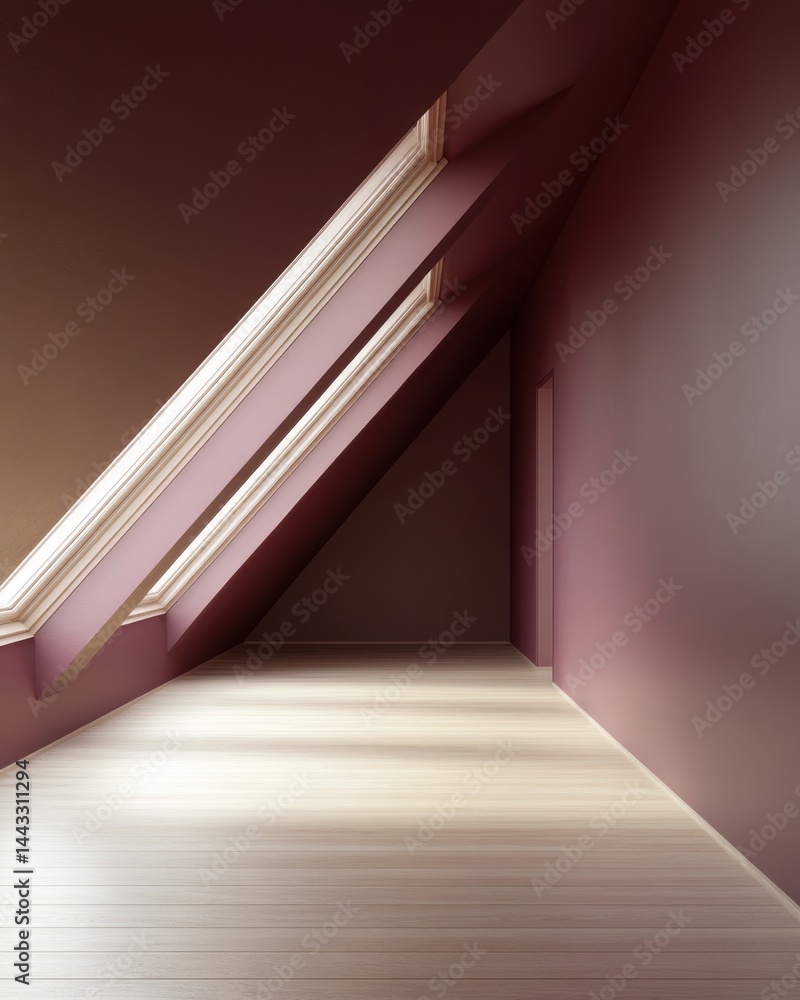 Poster serene attic interior with natural light streaming through a skylight illuminating the wooden floor 