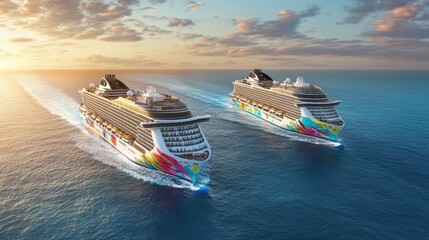 Miami, Florida - November 4, 2024: The Norwegian Encore and Jade cruise ships are sailing. Enjoy a summer cruise with Norwegian Cruise Line (NCL). Travel and tour the sea on an NCL ship.
