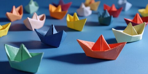 Colorful Origami Ships on Blue Background