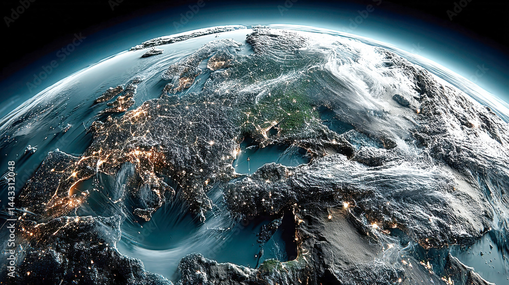 Poster futuristic close-up of a digital globe with illuminated network nodes and glowing fiber connections 