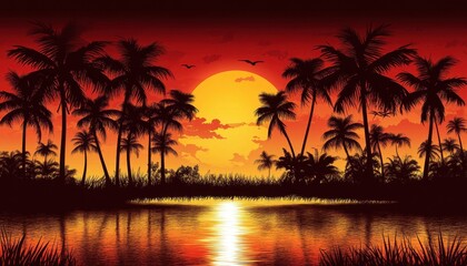 Tropical sunset over a calm lagoon, silhouette of palm trees