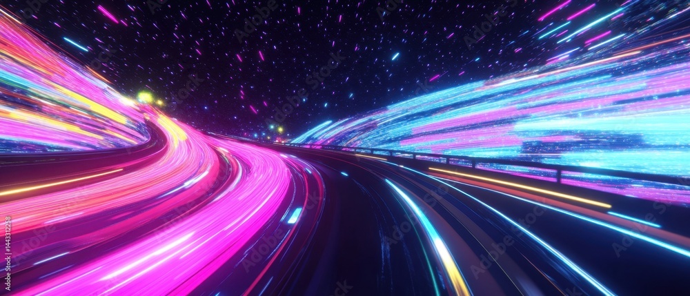 Poster dynamic road through vibrant neon lights under starry night sky capturing speed and motion in futuri