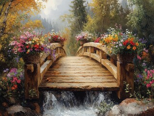 Obraz premium A charming wooden bridge is filled with vibrant flower baskets on both sides showcasing wildflowers and daisies that celebrate natures beauty perfect for family gatherings or romantic moments