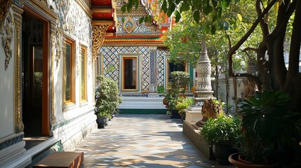 Fototapeta premium Serene temple courtyard bangkok architecture lush environment ground level cultural heritage