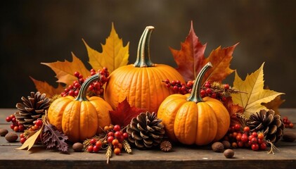 Rustic autumn centerpiece; pumpkins, pine cones, fall leaves, berries, wheat, background, cozy