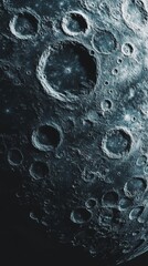 Close-up view of the moon's surface showcasing its craters and rugged terrain in striking detail.