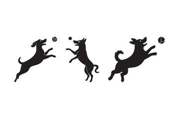 Playful Dogs Catching Balls Silhouette Vector Fun Pet Clipart Illustration