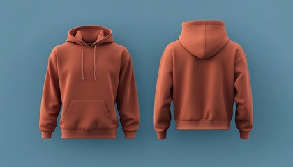 Deep Terracotta Hoodie Front and Back Mockup on a Cool Blue Background