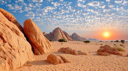 Vibrant Sunset over Desert Landscape with Sandstone Rock Formations