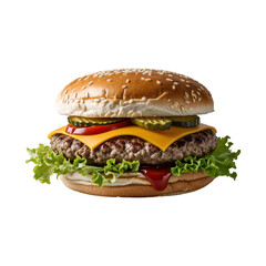 Classic cheeseburger with beef patty lettuce tomato pickles and sesame seed bun