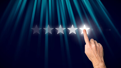 Hand pointing to five-star rating. Customer review, positive feedback, high score, service...