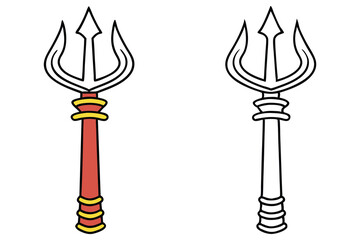 Two identical tridents one colored red and yellow; the other is uncolored on white