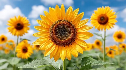 Vibrant Yellow Sunflowers in a Field Under a Bright Blue Sky