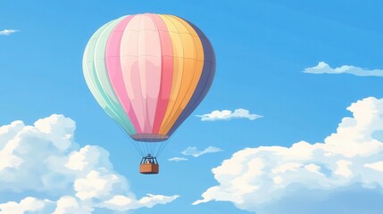 Naklejka premium Pastel hot air balloon soaring in a bright blue sky with fluffy white clouds dreamy scene whimsical illustration adventure and freedom
